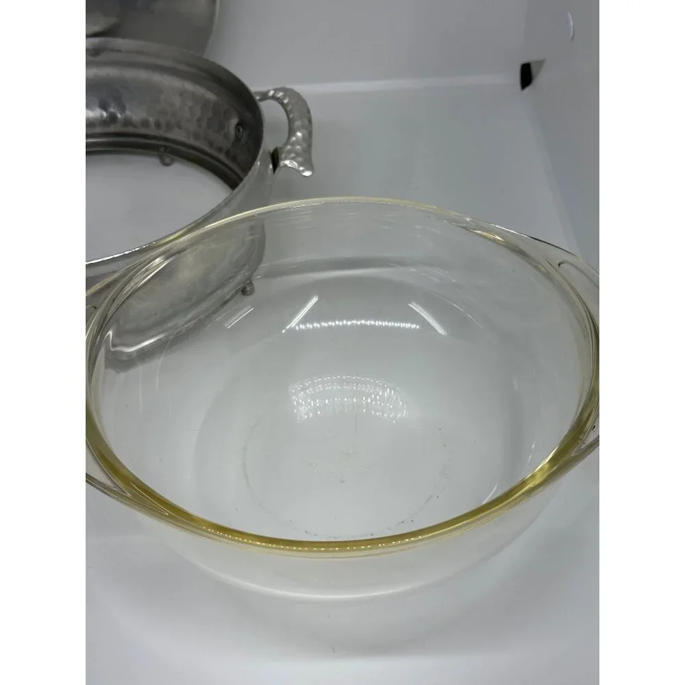 VTG Hammered Aluminum Casserole Server w/ Pyrex Liner & Lid | MCM Food Warmer‎